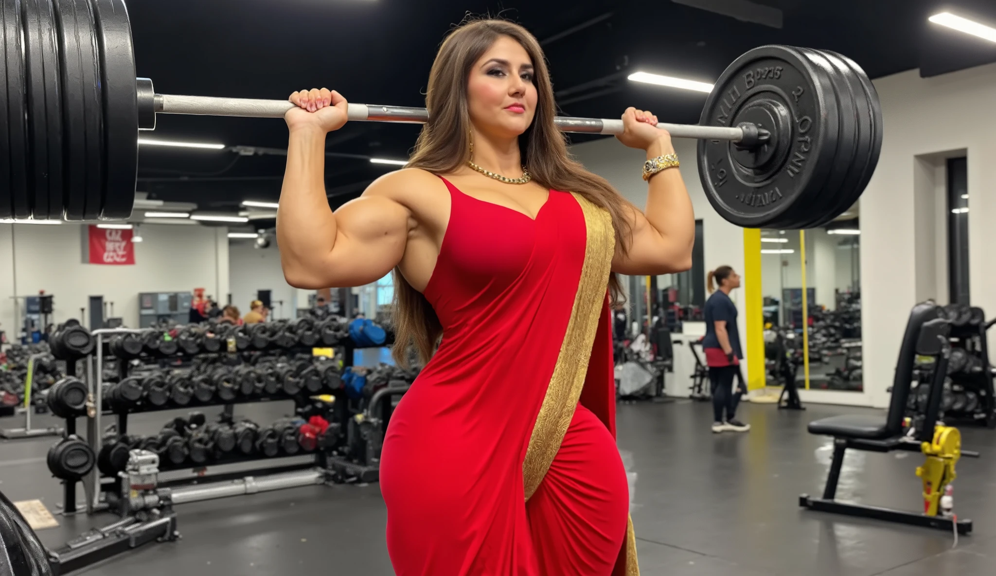 A strong, muscular woman performing a powerlifting workout in a gym, confidently lifting a heavy barbell. She is wearing a vibrant red Indian saree, gracefully draped but adapted for movement, with gold accents and traditional jewelry. Her muscles are well-defined, and she combines elegance with raw strength. The background is a modern gym with weights and equipment, creating a striking contrast between tradition and athleticism. Dynamic lighting emphasizes her power and determination.”