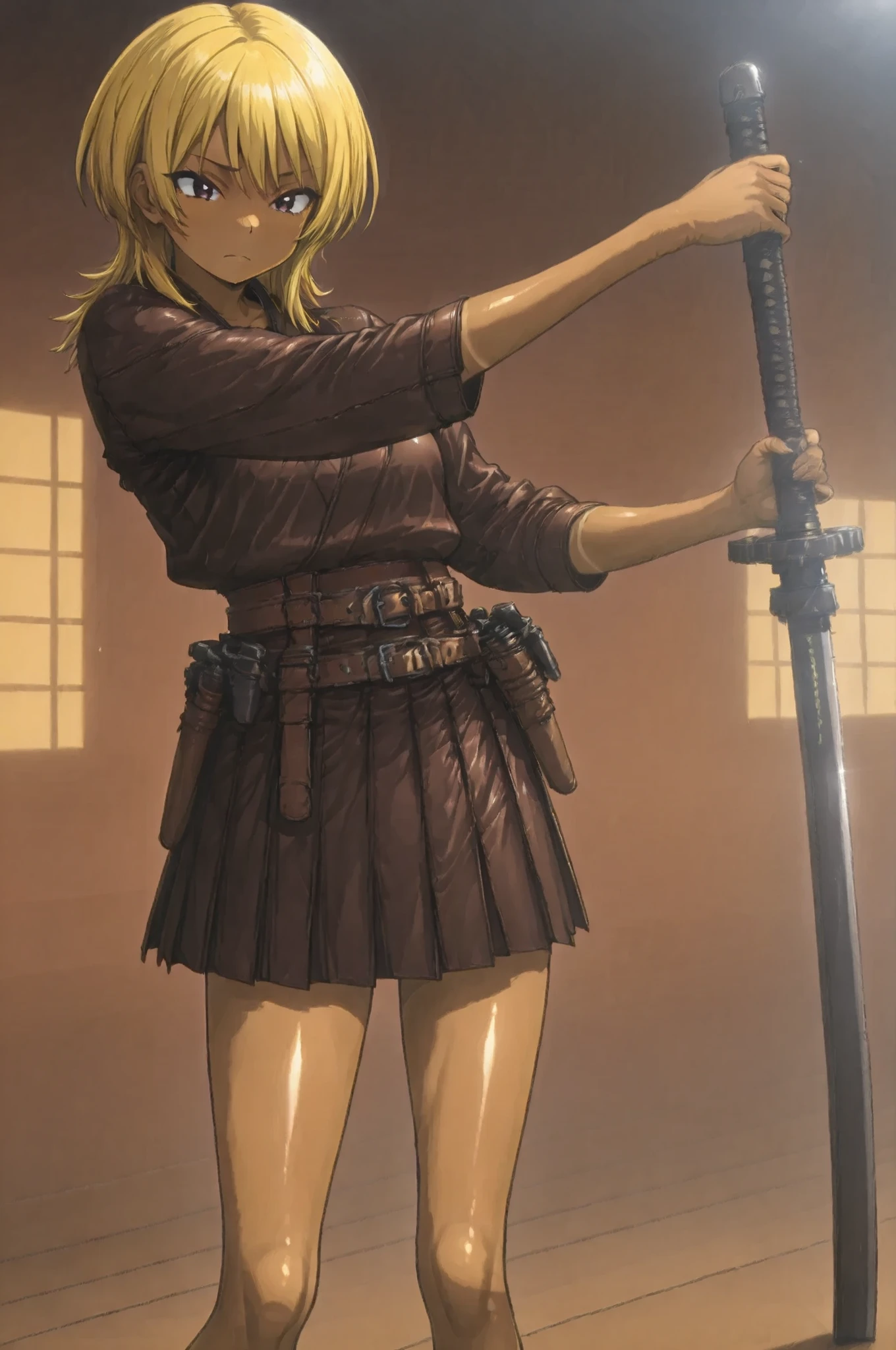 One Ouka-chan、solo,wolf cut,yellow hair,Textured brown skin,thin legs,perfect face,anatomically accurate,top quality,shiny skin、Film lighting effects,anime screenshot,kogyaru、Japanese sword、tool belt with tanned leather sheath、Tanned leather kimono、perfect detail