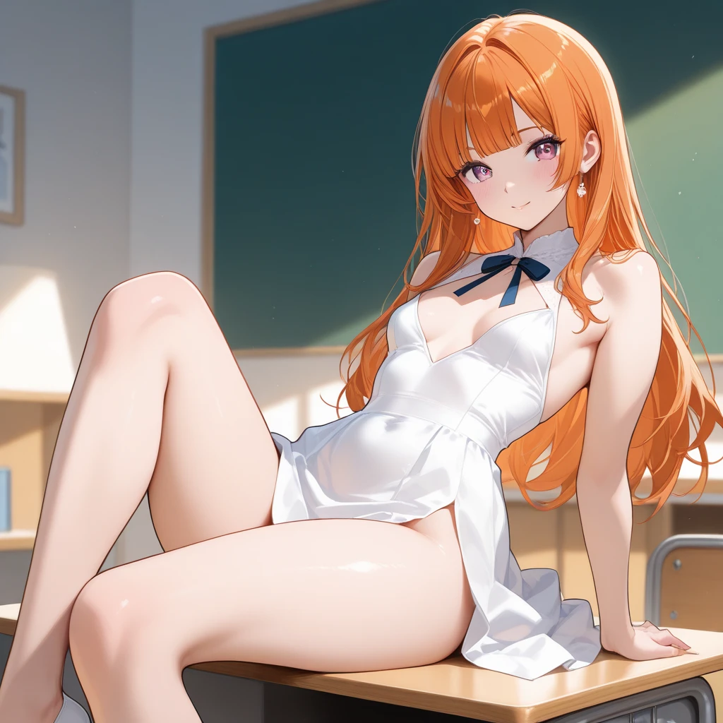 1 woman, solo, tall woman, long orange hair, straight hair , (Full Breasts), High Height,masterpiece, high resolution, shiny, full body, beautiful,,highly detailed beautiful face and eyes,looking at viewer, ,classroom, desk, wooden floor,( lying, on back:1.2),arms up, kneehighs, red bow, , (embarrassed,blush:1.3),cowboy shot,