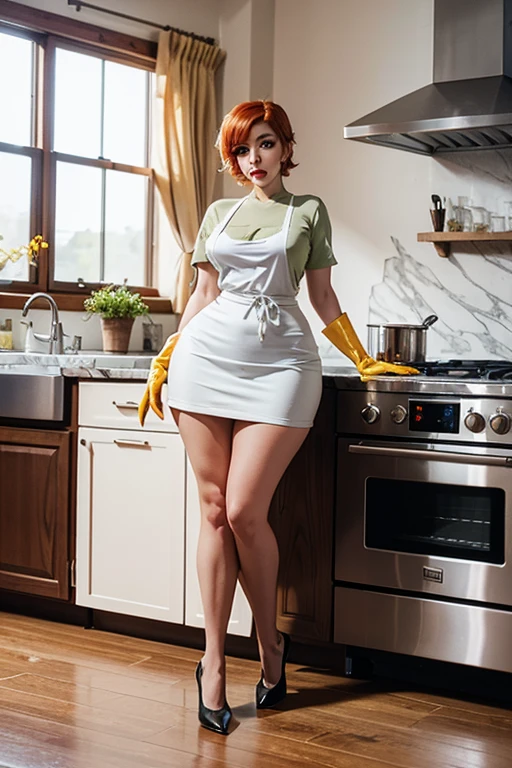 short red hair, green raised skirt, Green shirt, with white apron, sexy underwear, black underwear, scared face, black tears in the eyes, lifts her skirt with one hand, black stockings, garter belt in each stocking, in a kitchen, splashed with white semen, sprinkled with white cream, saliva comes out of his mouth, open mouth, big breasts, black panties, panties sexys. yellow gloves, black paint comes out of his eyes.