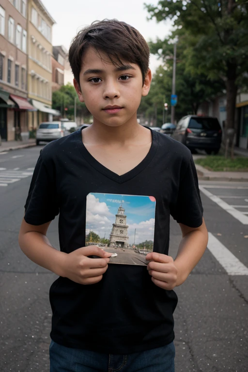 Boy in red and black on the terrace of a building in new york holding a camera standing.