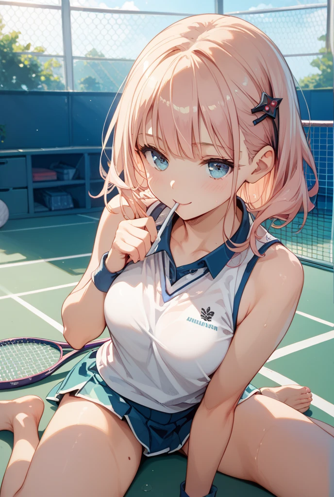 (RED Ribbon on HAIRband:1.2),nsfw, 1girl, (7yo :1.4), (high school studen), (Blonde hair), (spread legs, sitthing, leaning forward), ((tennis uniform)), (take off clothes), ((((see through)), pink bra, panty shot)), (sweat), tennis court