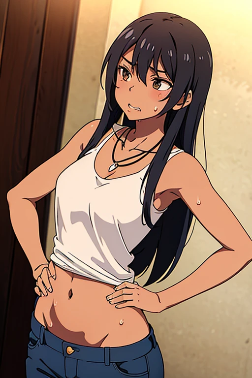 ((best quality)), ((masterpiece)), (detailed), dark tanned skin anime woman in a deep V-neck button-up cami top, (jeans), (long hair), starving, (resting hands on the stomach), (hands on the stomach), (slim body), (shiny and oily skin), resting hands on the tummy
