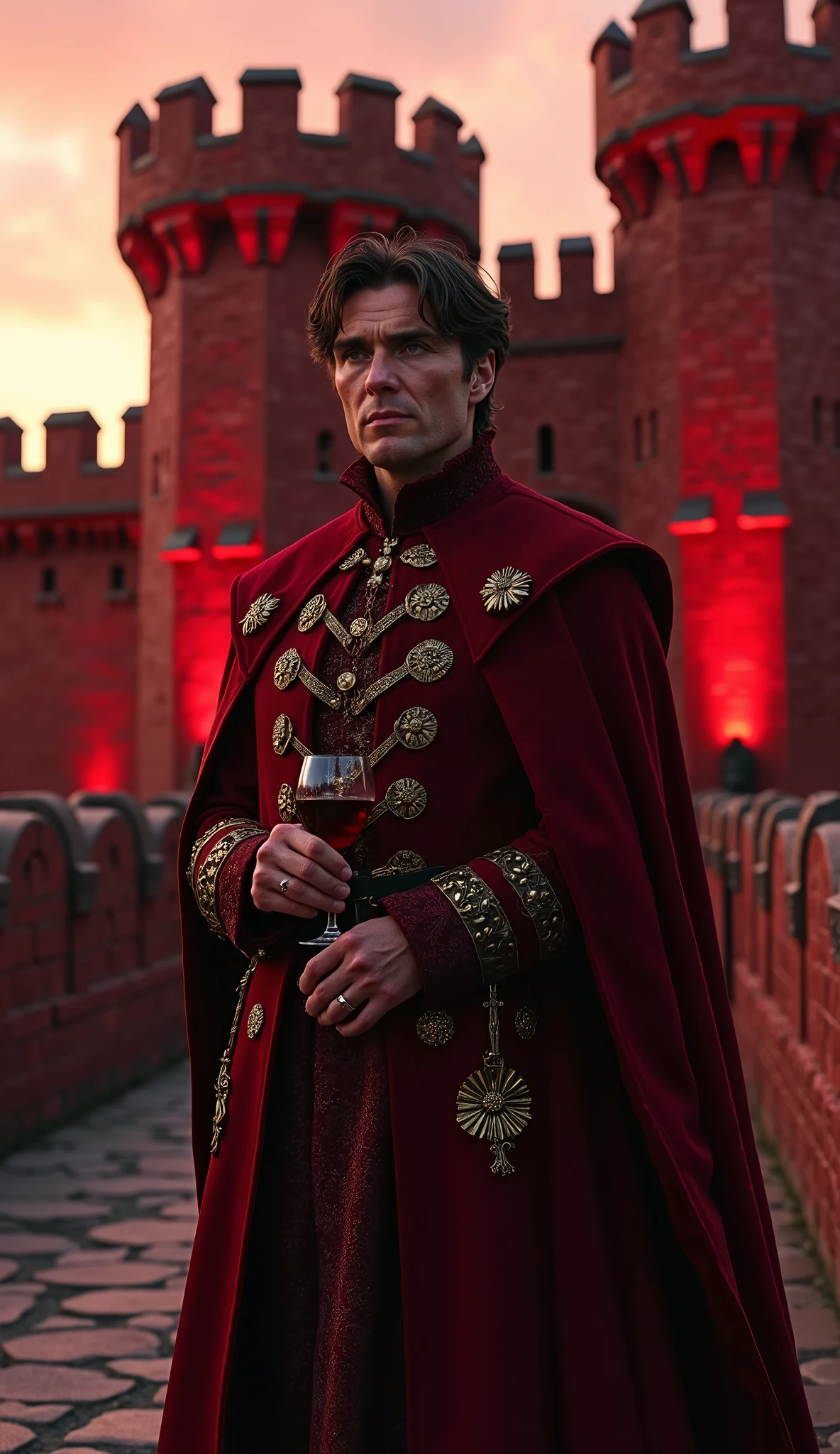 Cillian Murphy as a shady Lannister nobleman
Dark red clothing with gold badges.
Fundo: Red Fortress at dusk.
Detalhe: glass of wine and enigmatic look at.