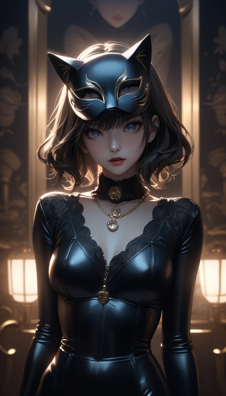 high quality, extremely detailed, perfect face, <lora:MasqueradeFashion:.8> <lora:MakotoP5:.8>, (((Makoto_Niijima, black latex ballgown, corset))), MasqueradeFashion, medium breasts, (masked face), short dark brown hair, long puffy sleeves ((castle ballroom))