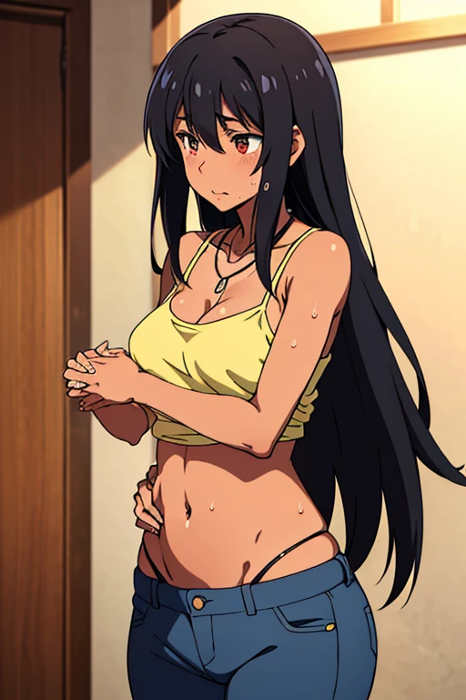 ((best quality)), ((masterpiece)), (detailed), perfect face, brown skin anime girl in a deep V Neck backless cami Top, (jeans trousers), famished in hunger, (gently resting hands on stomach), (long hair), (hands on her stomach)