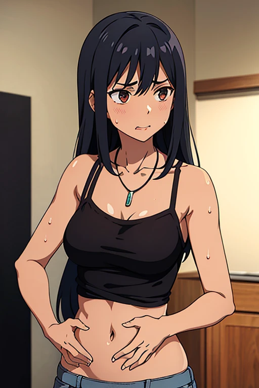 (masterpiece, top quality, best quality), brown skin anime girl wearing a denim button up cami top and trousers, famished in hunger, (gently resting hands on stomach), (sweating), (long hair), (hands on her stomach)