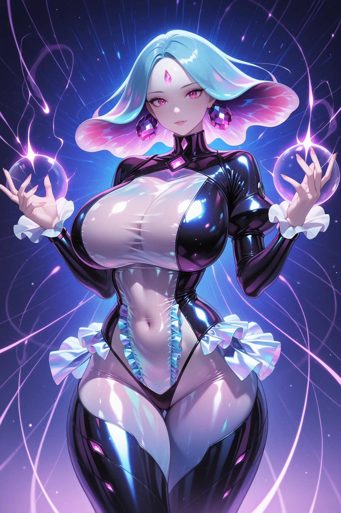 Close up of cartoon character holding book, a sorceress casting a ice ball, fantrome, flirty anime witch casting magic, bubblegum body, /!\ a sorceress, nanogirl, biomechanical oppai, urusei yatsura, old artbook, [ Tarot Cards ]!!!!!, Psychic Girl, knights of zodiac girl