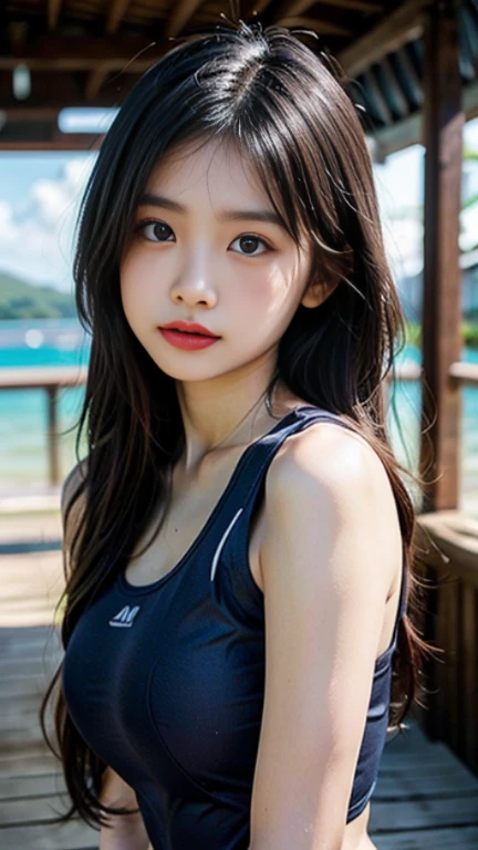 doress、(Photorealsitic:1.4)、(hyper realisitic:1.4)、(realisitic:1.3)、(Smooth lighting:1.05)、(Improved lighting quality in movies:0.9)、32K、1girl in、20 years girl、Realistic lighting、Back lighting、Facial light、raytrace、(brightened light:1.2)、(enhanced quality:1.4)、(Top quality real texture skins:1.4)、finely eye、finerly detailed face、Fine quality eye、(Tired, sleepy and satisfied:0.0)、 close up of face、tshirts、(enhance body line mood:1.1)、(Increase the beauty of skin texture:1.1)、((Aya Ueto))、the beach、swim wears、