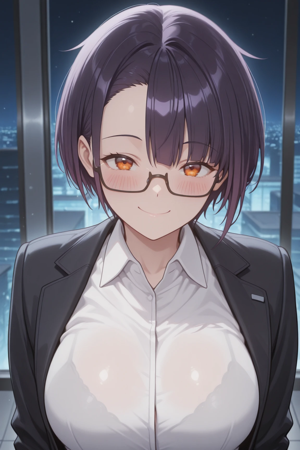 masterpiece, best quality, 1girl, adult, secretary, hair between eyes, slim, , tiny smile, looking at viewer, adjusting clothes, office, moody, sfw