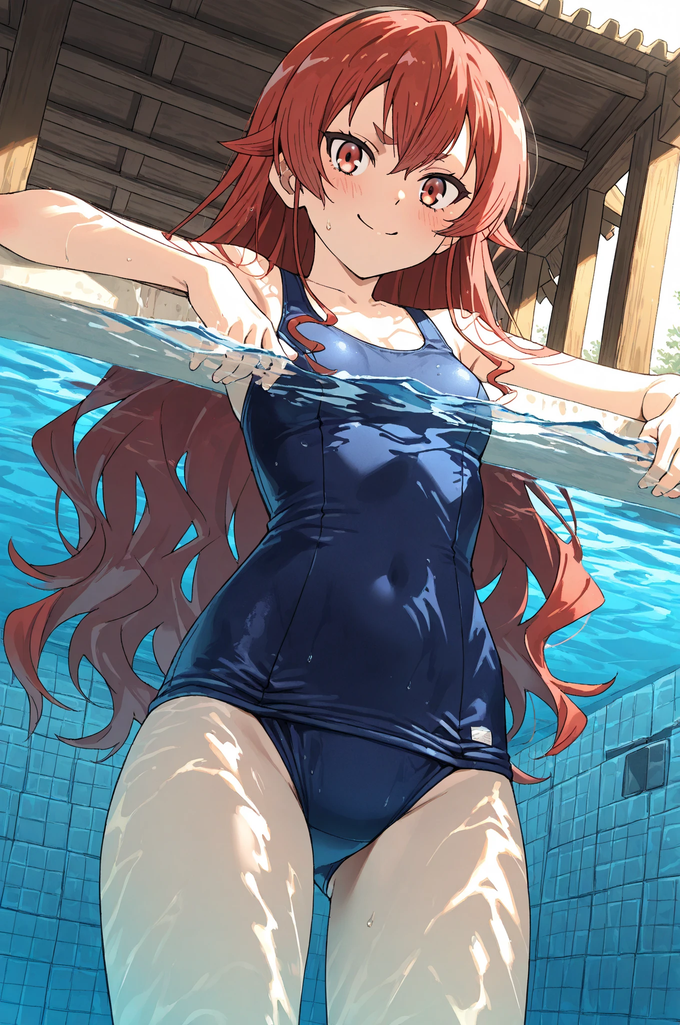 Anime boy in blue swimsuit posing in room, He has long orange-brown hair, Boy with orange long twin tail hair, Boy with long two side up hair in brown, Blue-eyed boy, garments:High-cut swimwear, wearing a swimming wear, Cool anime boy in blue tanksuit, Wearing swimwear, Competitive swimsuit, Tall men, Blue and white high leg racing swimwear, Swimsuit, highleg, onepiece swimsuit, Seductive Anime Boy, sparky swimsuit, High Leg Racing Swimwear, Commission for high resolution, (Anime Boy), Rin, Bare shoulders, bare legs, Swimsuit,