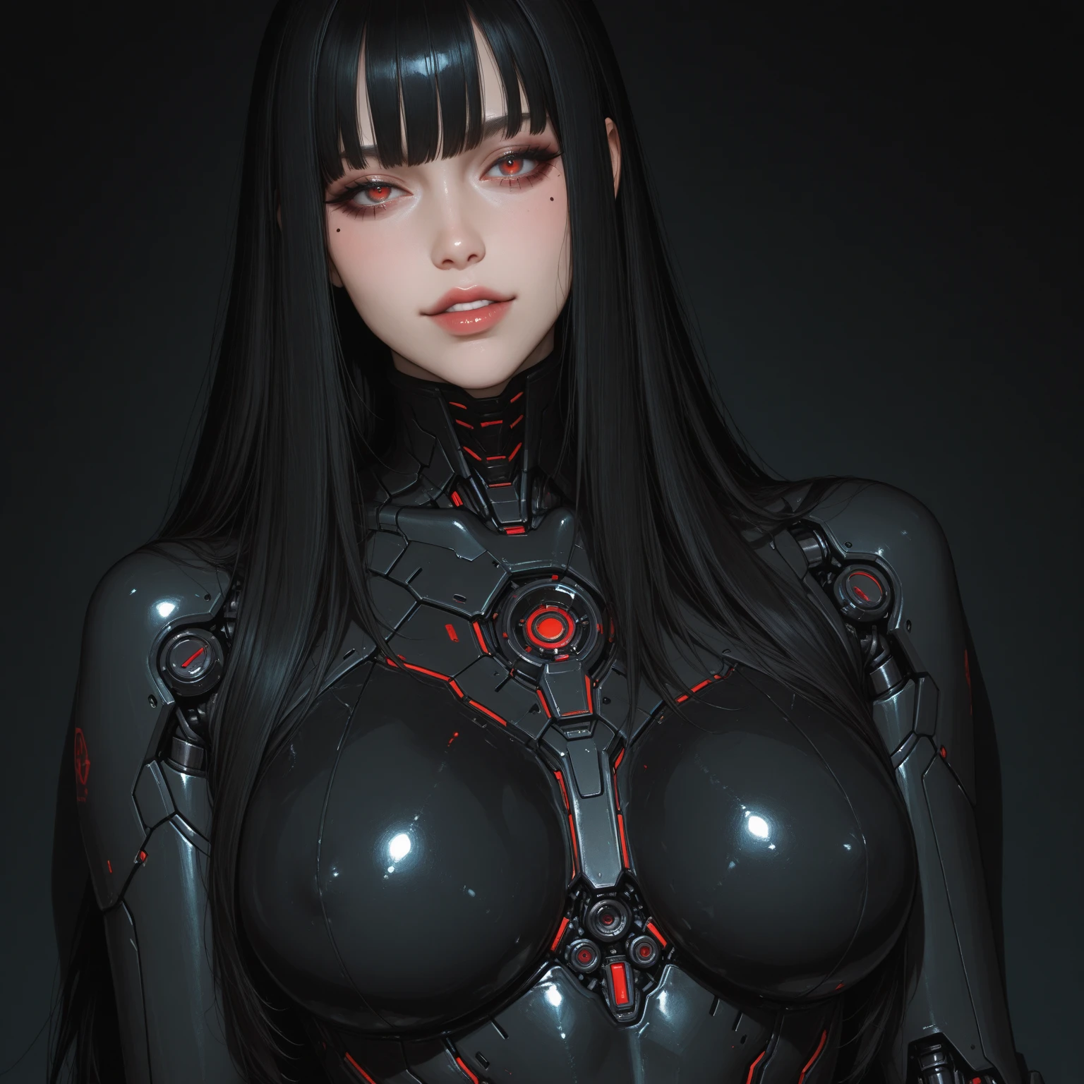 beautiful girl, black hair, bangs and long ponytail, natural red eyes, strongly outlined gothic style eyes, she is a mix of human and robot, perfectly synchronized, with high detail, a perfect mix at the same time marks the difference between human and robotic, she looks expressively at the camera in a close-up detailing her beauty, cinematic lighting, 8k, masterpiece