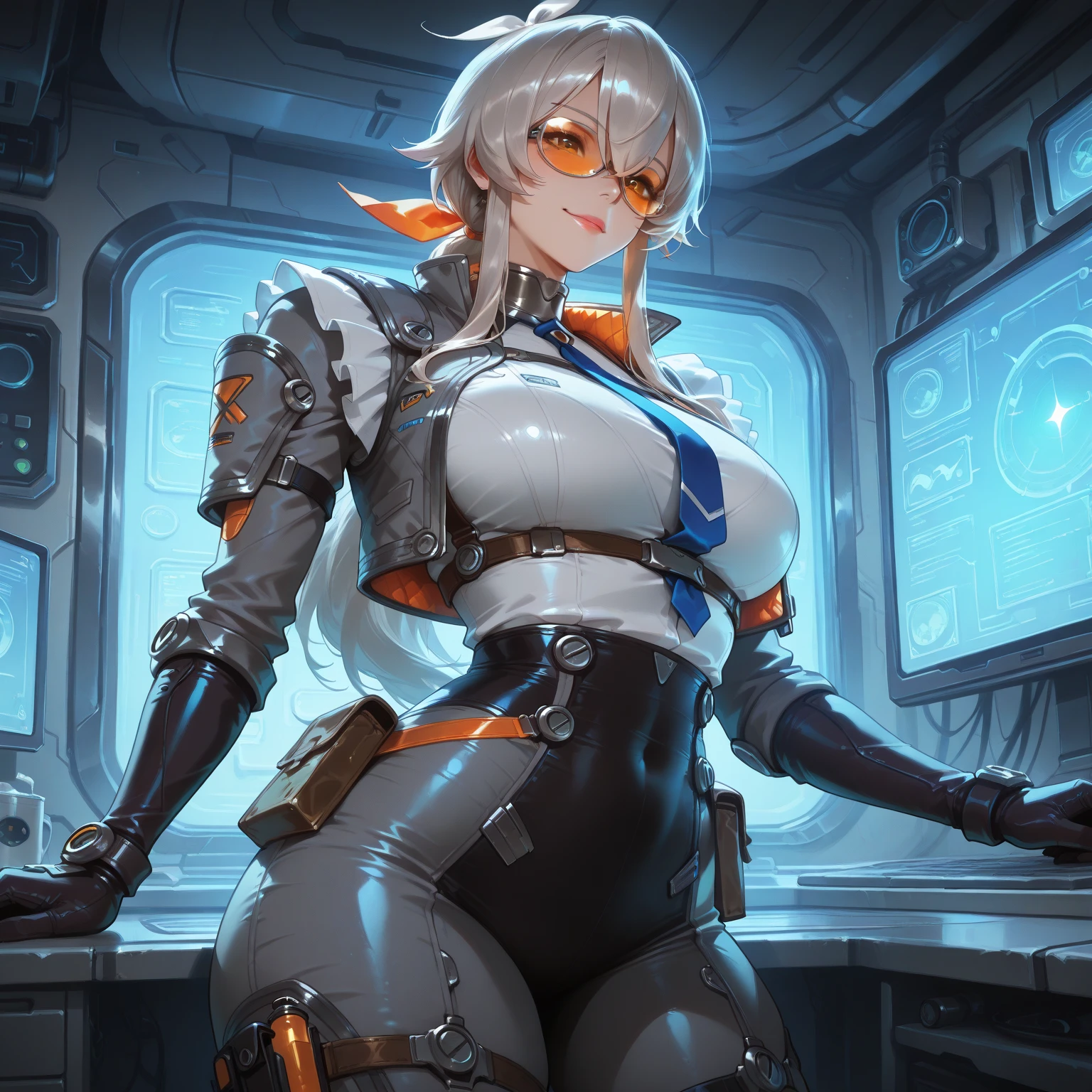 robot girl, humanoid robot, robot joint, full face mask, huge breasts, voluptuous body, knee shot