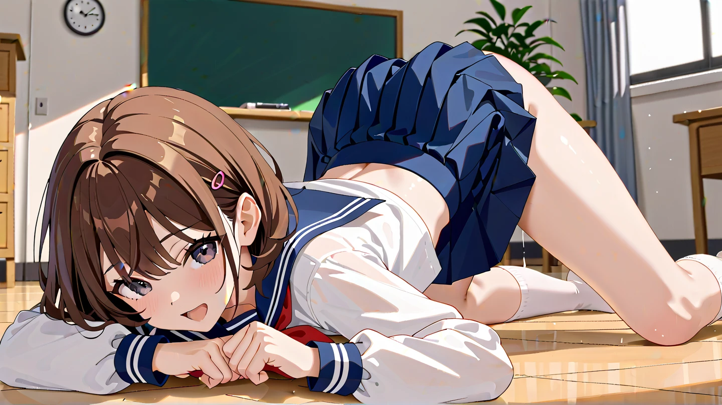 Highest quality,Highest quality,One Girl,10 years old,Mouth closed,orgasm,blush, Sweat,Nanoha Takamachi,Takamati Nanoha,Twin tails,Hair Ribbon,((One Piece Uniform:1.3)),classroom、White panties、Squat、Look at this、skirt