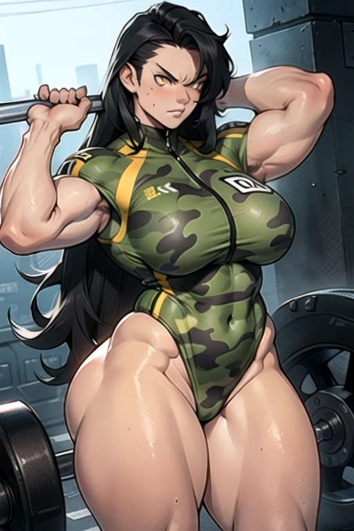 (((((1 girl, muscular))))), ((thick thighs, huge breasts, very long hair)), black hair, yellow eyes, solo, sweaty, shiny skin, steamy, foggy, lake, angry, sitting, swimsuit, pier, sunset