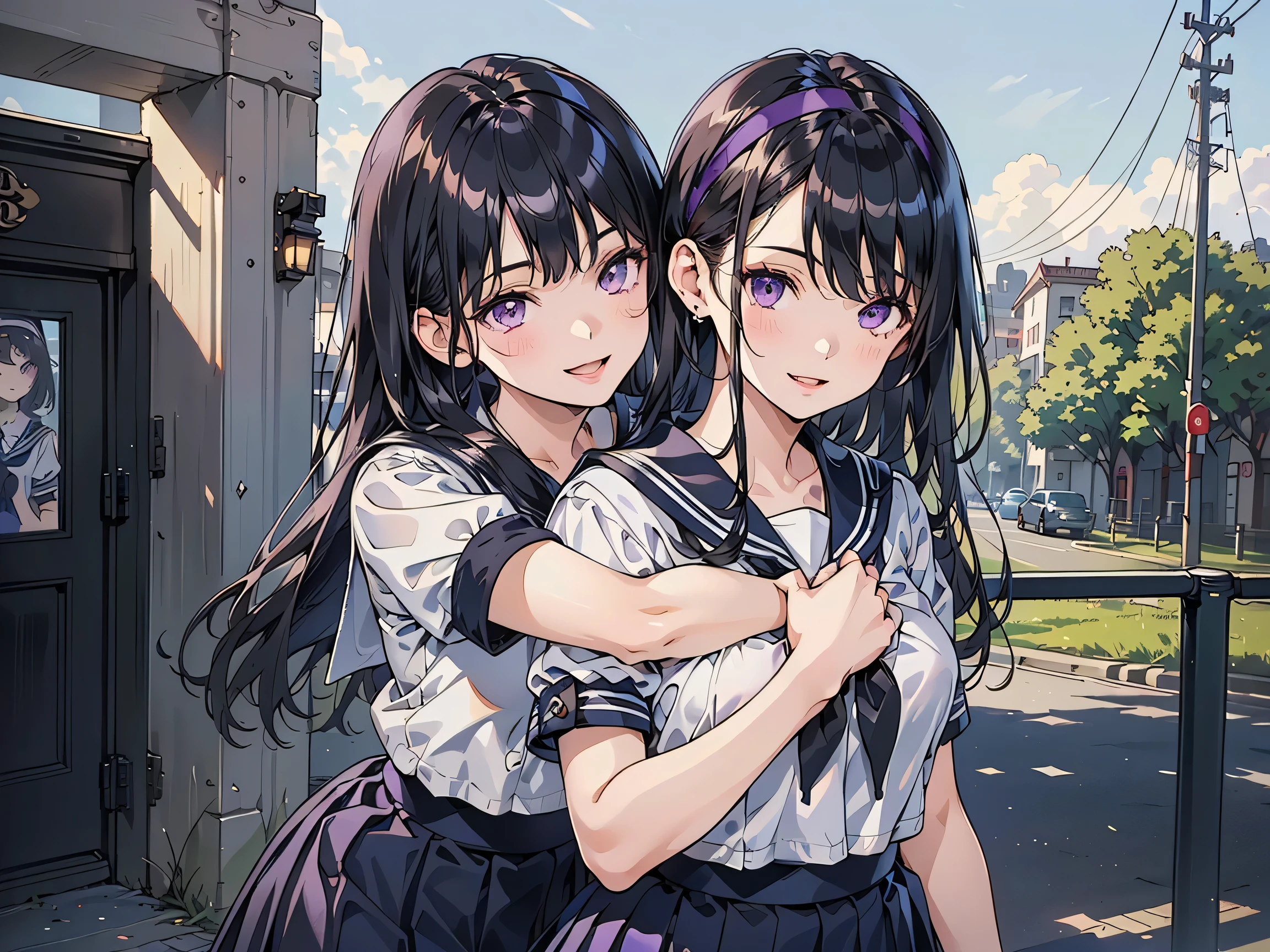 (2 women:1.4), 8 heads, (Unity 8k), (top quality), (very detailed), (ultra high resolution), dark haired, 1st Person Long Hair, 2Human Ponytail, (White Headband on Top of Head:1.4), (((purple eyes))), (((small tits))), (((Hanging Eyes))), (short sleeve sailor suit that can be worn by hand:1.4), (Dark Blue Skirt:1.4), animation 2D rendering, realistic young anime schoolgirl, bright color, Open your mouth slightly , fresh smile, (black stockings:1.4), ((black garter belt)), Dynamic, In front of the school gate, (Girl hugging from behind:1.4),