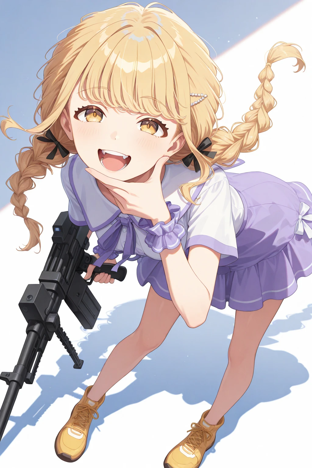 1 girl, masterpiece, best quality, Amazing, beautiful detailed eyes, finely detailed, depth of field, extremely detailed CG unity 8k wallpaper, full body, Ajitani Hifumi (Blue Archive), sitting, , sailor collar, smile, blonde hair, twintails, long hair, low twintails, hair bow, tied, yellow ribbon, long sleeves, blue skirt, pleated skirt, frilled skirt, frills, black pantyhose, sideblocks, hair between eyes, yellow eyes, open mouth, flower field, wet clothes, peroro mascot backpack, Hifumi's halo consists of a yellow outer ring with a wing on either side and a plain inner ring, She uses a two-tone Enfield L85A2 assault rifle with a pink handguard, buttstock, and pistol grip. The receiver is painted white. It is equipped with a pink ELCAN SpecterDR sights and a black Magpul PMAG. The school's name is imprinted on the handguard.
