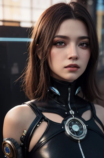 ((head to toe)), (Quality), (Masterpiece), (Super high resolution), (Realism: 1.4), Center, RAW photo, white mech, white porcelain body, acrylic transparent cover, white hair, skin shine, 1 robot japanese girl, ((super realistic details)), breast area is largely broken revealing bare skin, global illumination, cel shading Octagonal rendering, 8K, super sharp, character edge lights, original leather, intricate decorative details, Aztec details, hydraulic cylinder, small LED lights, very intricate details, true ray tracing, purple eyes, shining in front of camera, neon light details, futuristic head gear, about cyberpunk,,