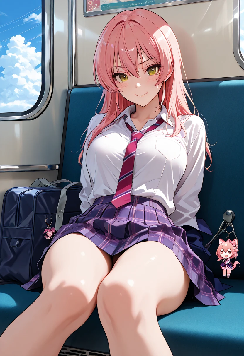 (masterpiece, highest quality, ultra high res, ultra detailed:1.3), 1 cute girl, ideal ratio body proportions, pink medium hair, sitting on long chair, in train, outstretched legs, (white panties visible:1.4),  uniform, blue pleated mini skirt, on the train, clothes covered nipples, front view, 