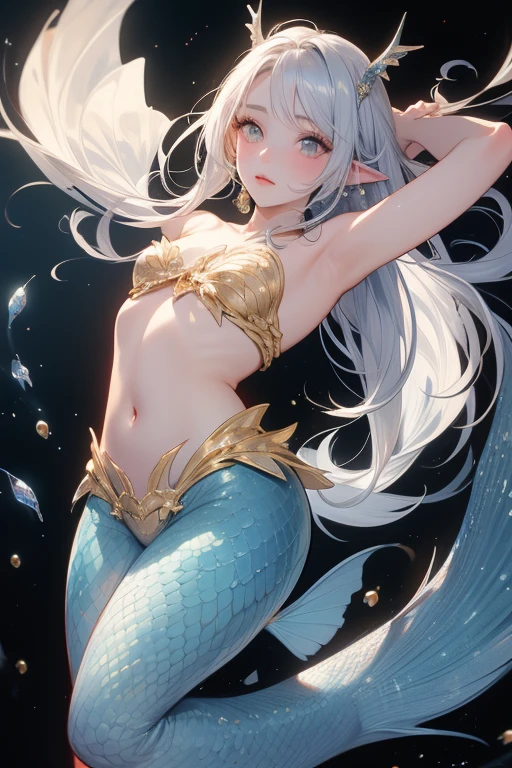 realistness,Wonders of the deep sea,The movie character Mermaid is covered in brilliant golden scales,Glittering,The ears are slender and delicate,Colorful bubbles,Structured,Full of special effects,Distinctive features,charming smile,complete fingers,24k,moist skin,Pose for the camera