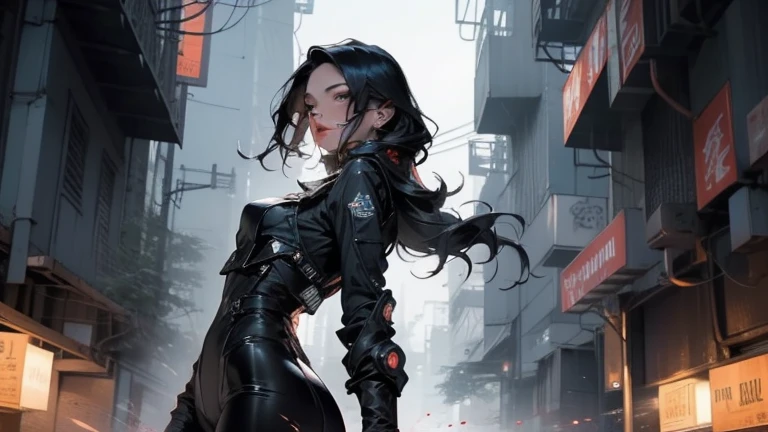  mini city, black leather boots, Long hair, Mature with an airplane in his hand, destroyed mini city