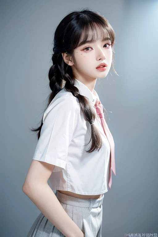 (((forehead、Northern Europe、White people、beautiful girl、Black Hair、White background、Idol、uniform、)))、table top, highest quality, figure, super detailed, finely, High resolution, 8k wallpaper, Perfect dynamic composition, detailed and beautiful eyes, Deco out,bionde, medium hair, super , Natural color lip,white background, random cute poses,frill dress