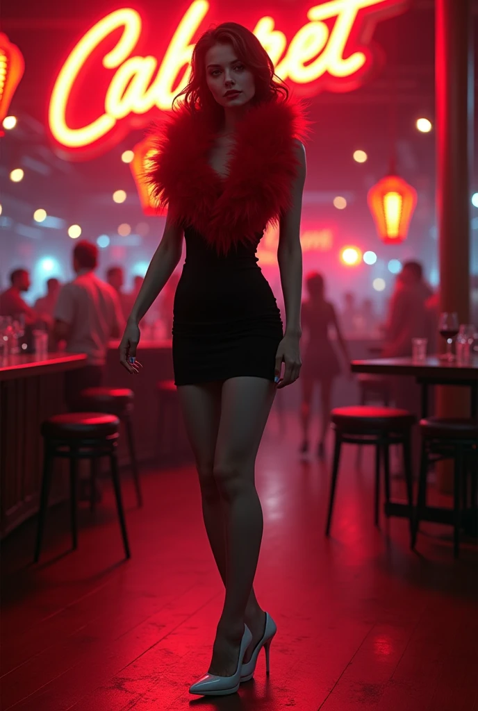 (full body:1.4),((ultra realistic illustration:1.3)), Tall, slender ((redhead:1.2)) woman of Irish descent. (pale:1.3)complexion. blue eyes, cute butt, nice legs. Kind eyes, cute (smile). red lipstick, choker, black lace cocktail dress, fancy heels. Elegant evening wear. Classy ((Jazz club)). Masterpiece, (highly detailed:1.2),(detailed face and eyes:1.2), 8k wallpaper, cinematic lighting. core shadows, high contrast, bokeh.