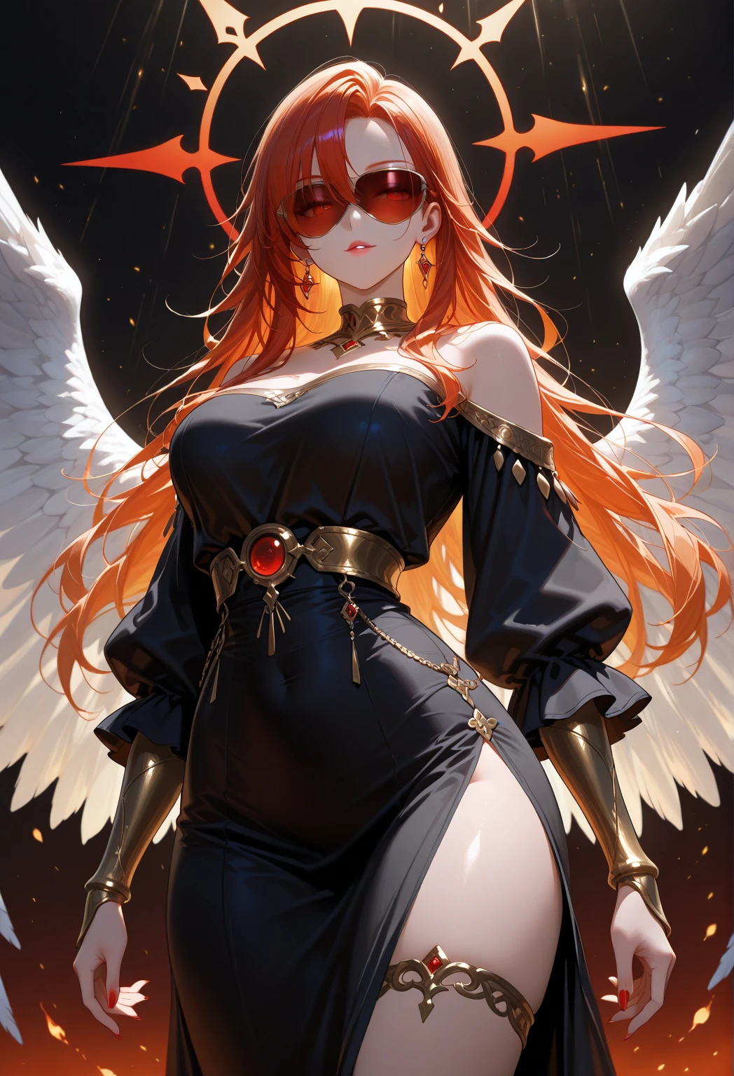 a beautiful angel woman with orange colored hair, angel wings, in a heaven ,very large breasts, detailed dress, intricately detailed portrait, striking facial features, piercing eyes, long flowing hair, elegant pose, luxurious gown, dramatic lighting, photorealistic, vibrant colors, cinematic composition, incredibly detailed, award winning digital art ,cinematic lighting ,dramatic composition ,muted colors ,chiaroscuro lighting, moody atmosphere, fine art painting ,detailed face ,highly detailed, masterpiece:2, best quality:1.5, 8k:2 ,4k ,2k