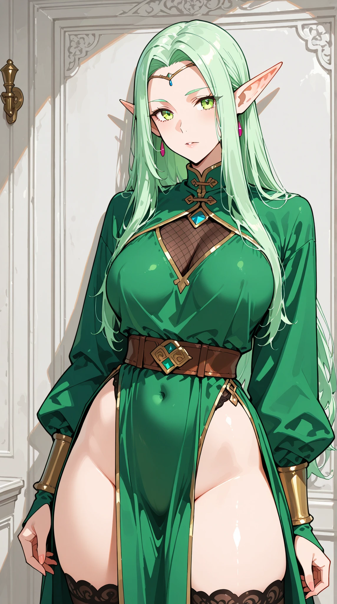 uma jovem mulher, lindo, cabelo longo e liso com rabo de cavalo, cabelo loiro, olhos verde-esmeralda, pele branca, rosto detalhado, curvy body, Seios pequenos, quadris largos e coxas grossas, Green Chinese dress with yellow patterns, ajustado, escote, erotic.