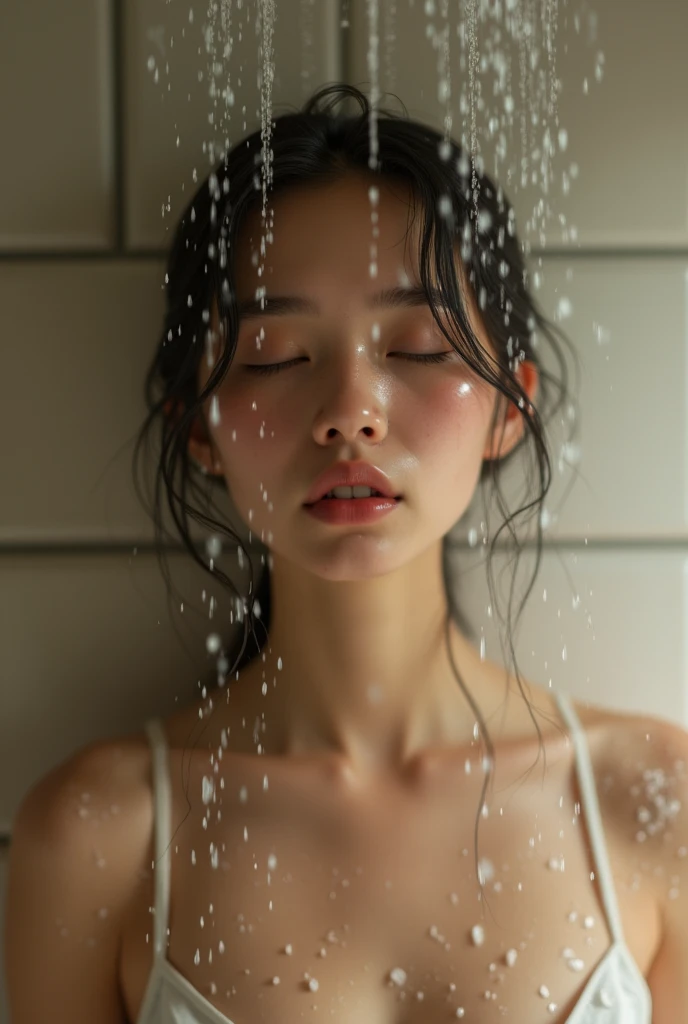 high quality, detailed,a girl with white water drops on her face.she is taking a shower,lots of white water droplets.(at night:2.0),green eyes.she is 13 years old japanese bitch gal,prostitute,she has a mole under her eye,(smallest breasts),(wearing long sleeve white oversized t-shirt dress,offshoulder,very very wet thin fabric shirt,),blunt bangs,((bob hair,very wet hair and wet face,shiny face)),slender,face up,nipples,temptation
((facing directly upwards:1.4))
(((she opens her mouth very very wide and closes her eyes:1.2)she looks very very painful and her cheeks are very red))((in the classroom))