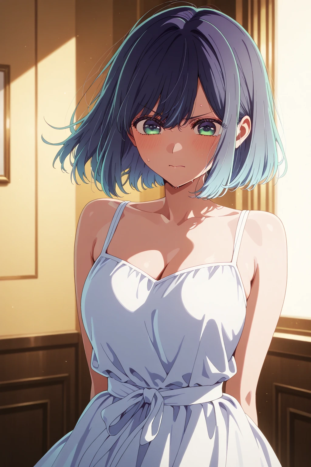 (Highest quality:1.4、masterpiece:1.4、Super detailed:1.4、8K:1.4)、((night、very dark room、A room without windows))、Mirror finish、Surprised expression、bikini、Big eyes、Very cute face)、F cup bust、Medium breast、Soft Breasts、