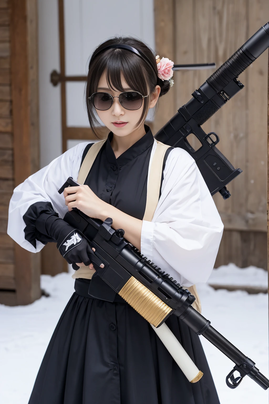 A girl holding a gatling gun, hanfu, <lora:mingStyle8:0.6> gatling gun, forest