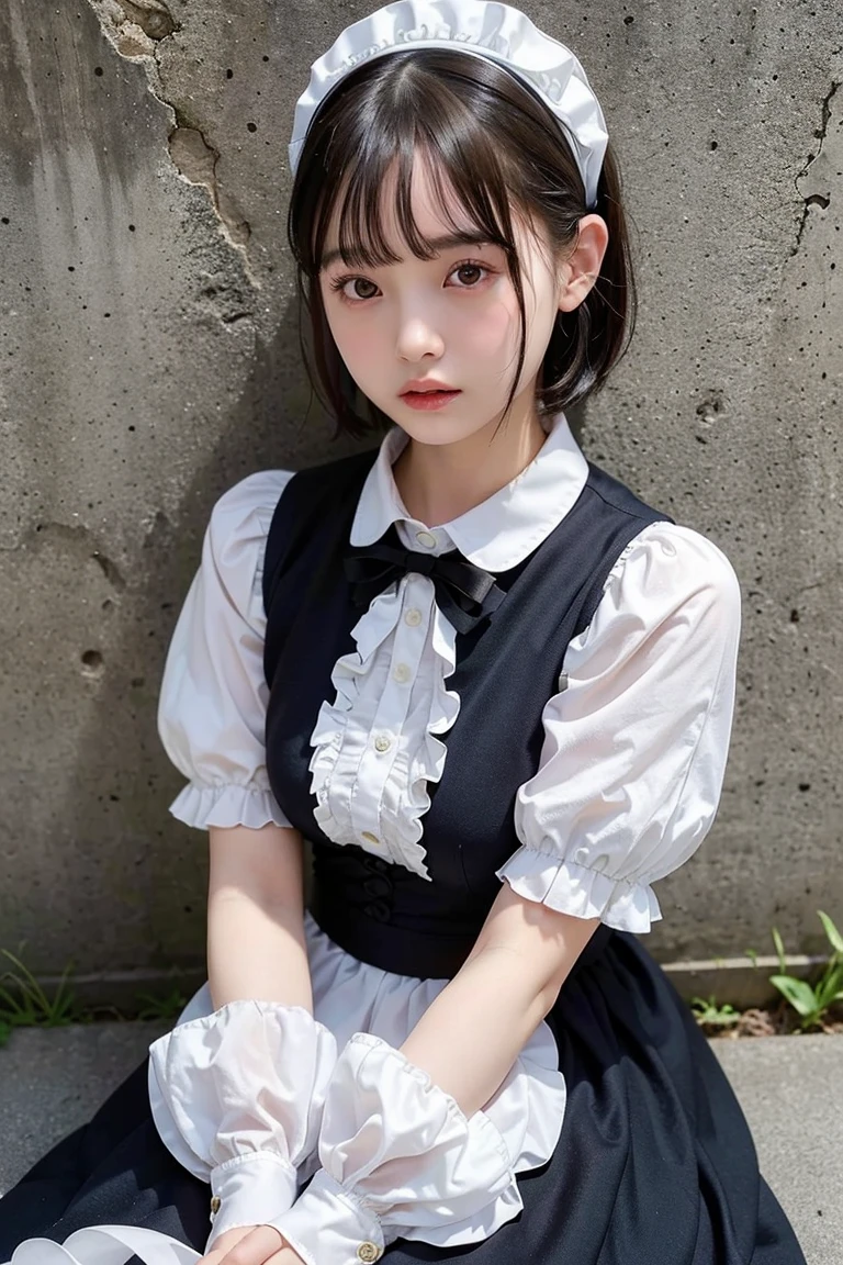 Highest quality、masterpiece、8k、Very detailed、Realistic、(One girl)、(Early teens)、(Young face)、(Primary school students)、(Looking at me with a smile:1.5)、whole body、(Black Hair)、Small face、(Slender:1.2)、(Big Breasts:1.2)、(White frilly shirt with buttons and collar:1.2)、(Black short ruffled skirt:1.2)