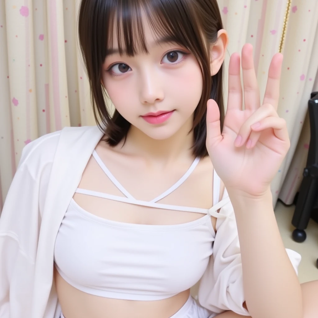 Japanese,6 years old,Baby Face、Ultra-flat ?????、Ultra short height、An innocent smile、Flat ?????のクローズアップ、Flat ?????:1.85、cute,Primary school students,White collared pajamas、So small and so young、On the bed:1.85、She gives me good morning kisses:1.85、She spread her arms