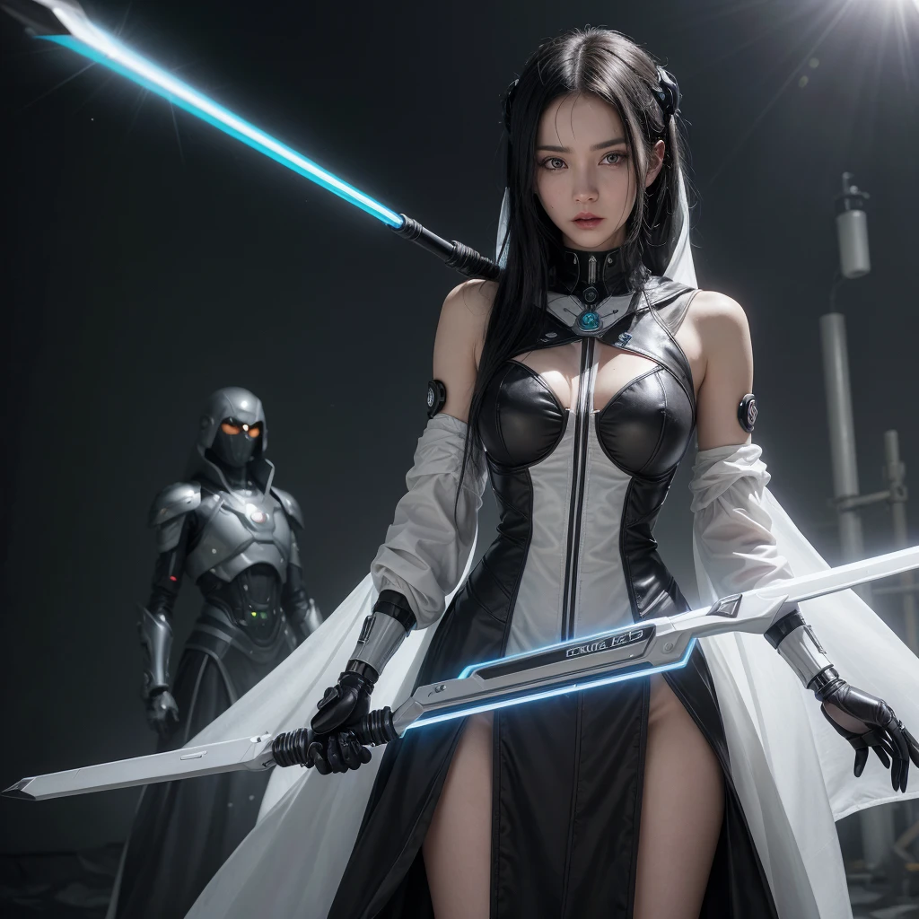 arafed woman in a white dress holding a sword in front of a group of people, still from alita, lee griggs and jason chan, fuchsia skin below the armor, still from the film, dancers, angel in plastic armor, ultra - high detail, fencing, palladium, korean idol, greg rutkowski and mario testino, 2015 cinematography --ar 16:9 --auto --s2