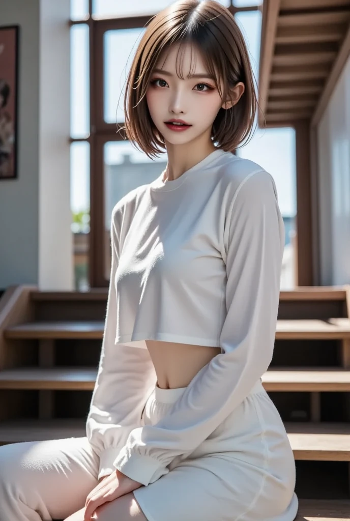 Beautiful girl with realistic black eyes, pale skin, medium length black hair, perfect face, perfect eyes, short hot pants,(((Tight white t-shirt))), very detailed, comprehensive movie, digital painting, 8K, cinematic lighting, highest quality, High resolution, well done!, Post-processing, perfect result, surreal,(((revealing clothes))),big breasts,(rain), wet