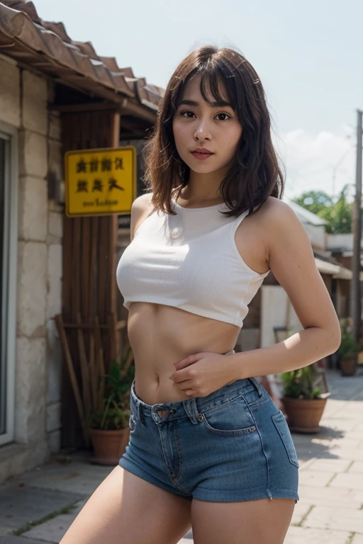 Julia chang from tekken. smoking. crop top, mini skirt. in kolkata