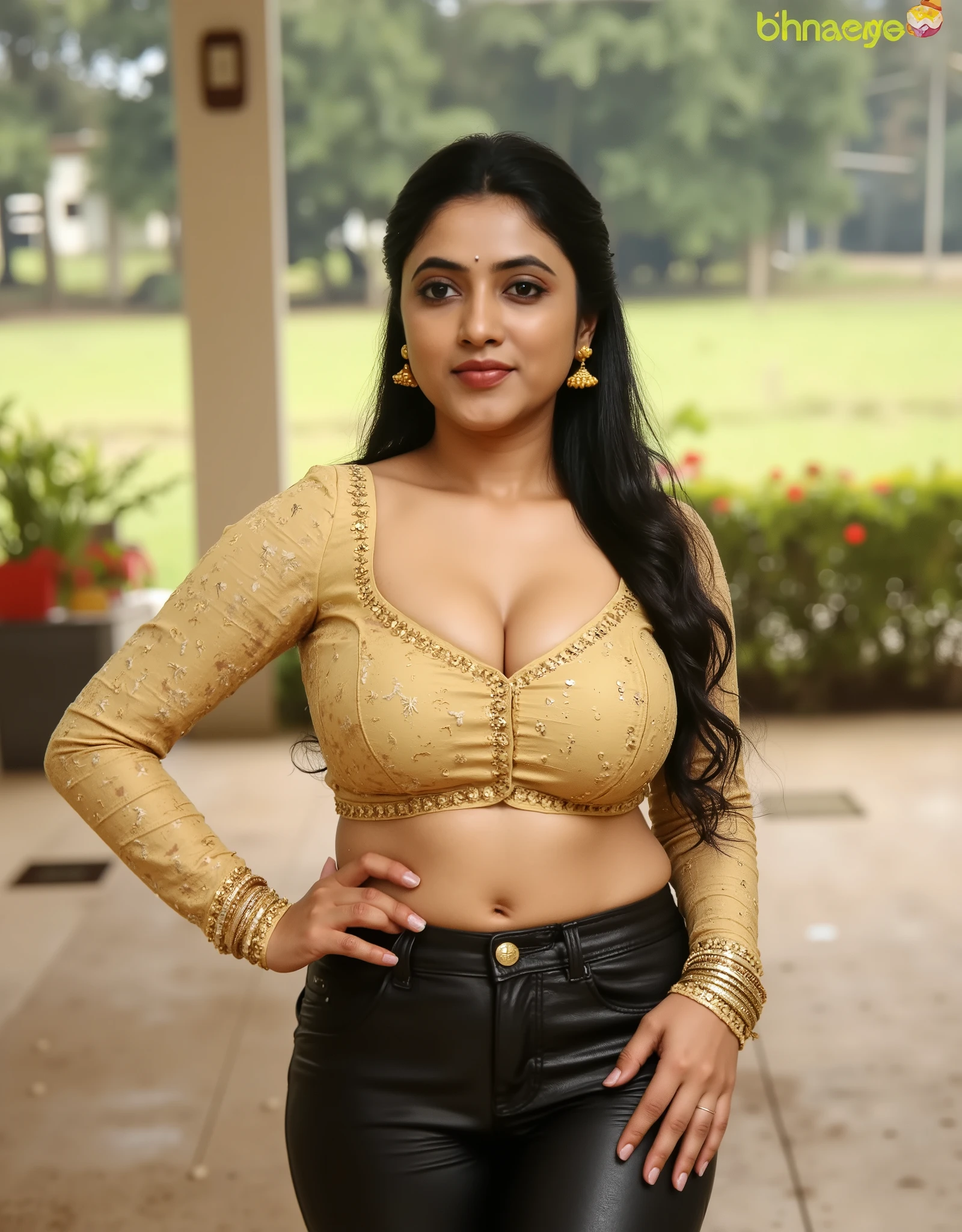 An indian 35 year girl, with big breasts,, fully visible cleavage,standing near a farm golden blouse,wearing black leather jeans,visible navel,heavy weight chubby girl