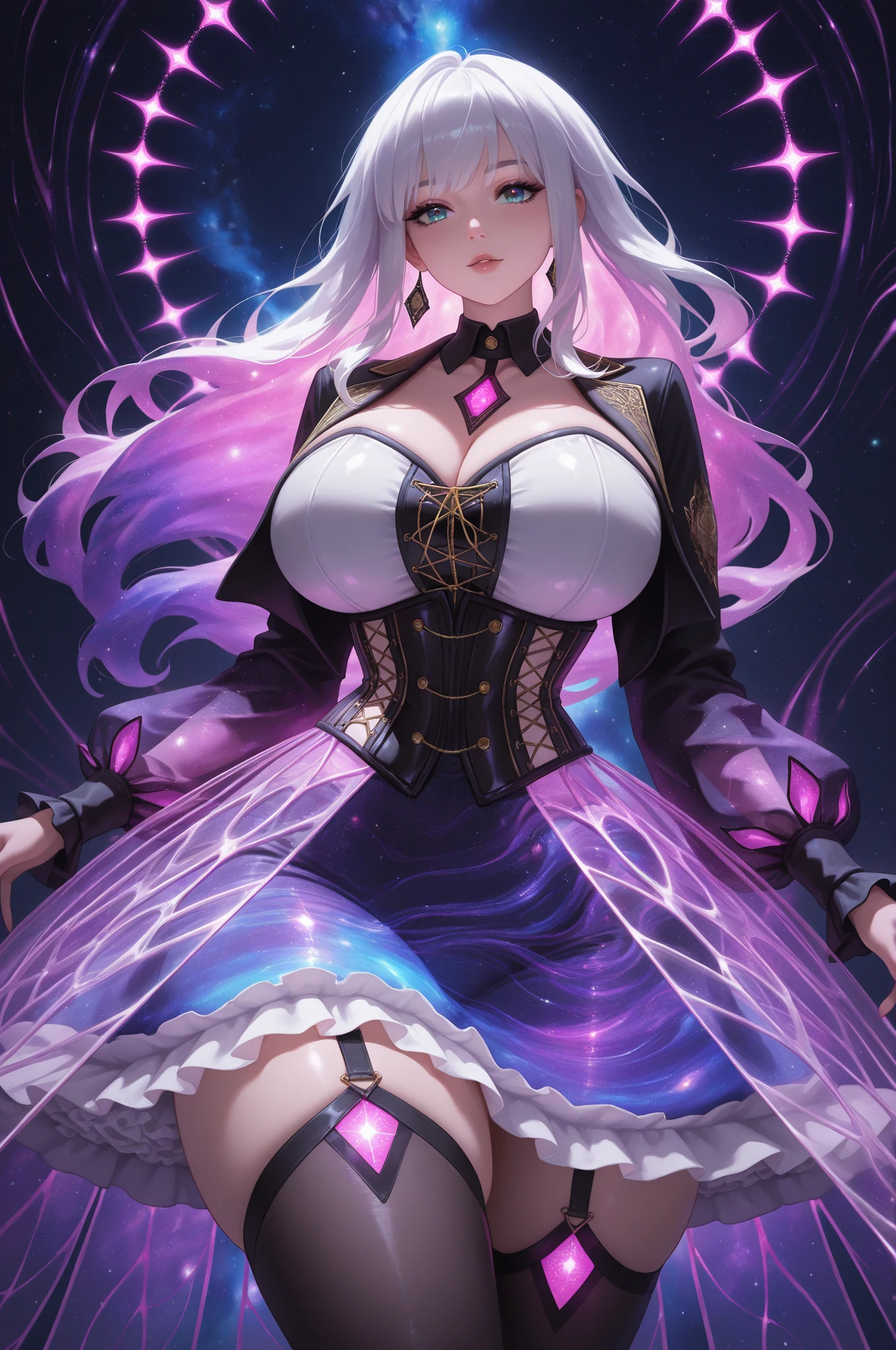 (necromance:1.2) girl, 1girl, perfect and well designed shiny eyes, (beautiful detailed (emerald:1.3) marsh eyes:1.05), natural breasts, slim body, beautiful and delicate face, (face detail), ((realistic face)), pores, ((pale skin)), detailed skin, realistic skin, medium length hair, hair voluminous, super high resolution, 8k, parameters Best quality, (masterpiece:1.4), (magic accessories:1.4), bracelets, necklaces, dark extremely detailed thick tight ((lacy silk clothing:1.3), (lacy wrap dress:1.2), (lycra kimono:0.8),(wild goth skirt:1.5)), (shabby hood ruffles coat:1.6), (embroidery and lace:1.3), jewelry ornaments, hair ornament, (cloth:1.3), (neckline:1.3), (cleavage), decolette, navel, Young Girl, Little Beast, (crazy:0.7) Smile, (Pale Skin:2.0), (19 Piercings:1.6), ((tattoos all over body, Tribal tattoos all over legs)), surrounded by darkness, (Darkness:1.2), Dark Fantasy, ultra detailed, photorealistic, ((Real image)), (best quality:1.4), super high resolution, (Realistic 2.0), More details, (full body portrait), (((1girl))), (witchcraft:1.5), magic energy flows and sparkles, (futurism:1.3), fantasy, (cyberpunk:1.4), (magic technologies:1.3), (beautiful and aesthetic:1.2), (fractal art:1.4), (cinematic light:1.1), DUTCH ANGLE, 16K, HDR, RTX, Ray Tracing, Radiosity, Anisotropic Filtering, Subsurface Scattering, (((magic lights))), metallic reflections, Detailed, Realistic, 4k highly detailed digital art, (cool_color), extremely detailed CG unity 8k wallpaper, vibrant colors