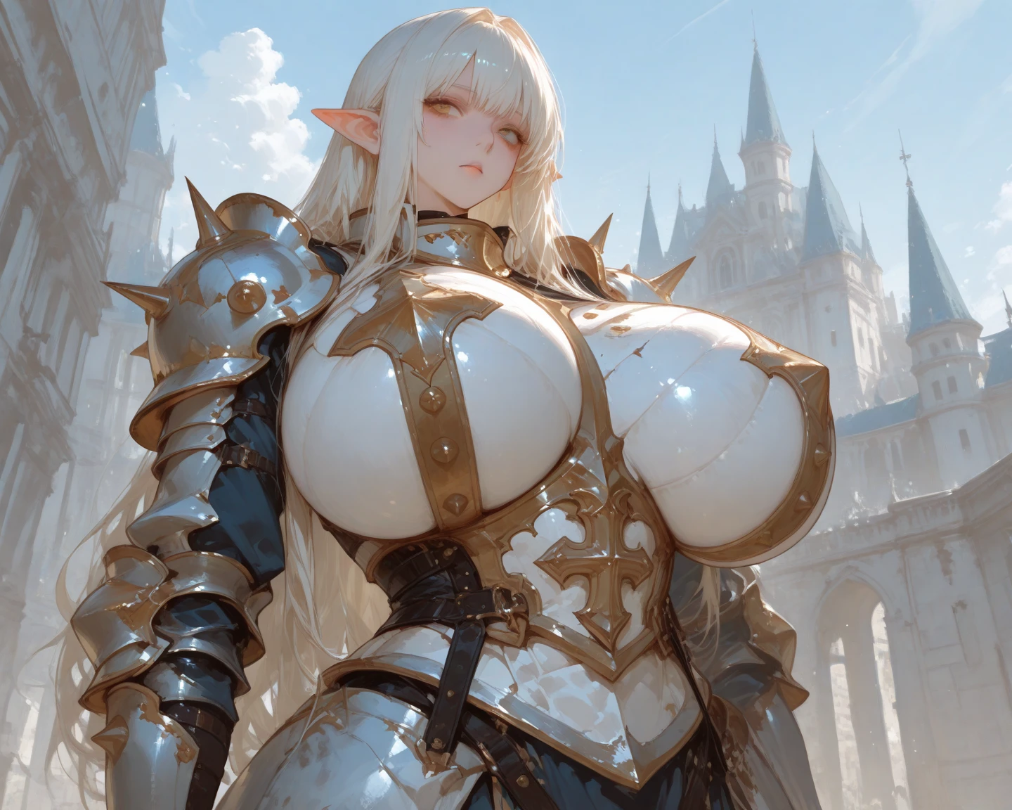 galadriel, (knight white armor:1.2), crown, cloak, naked breasts, fluttering hair, long wavy hair, long curl hair, huge tit, thick thighs, abdominal muscle, upper body from below, standing, spread legs, hands on hip, moss of abandoned castle