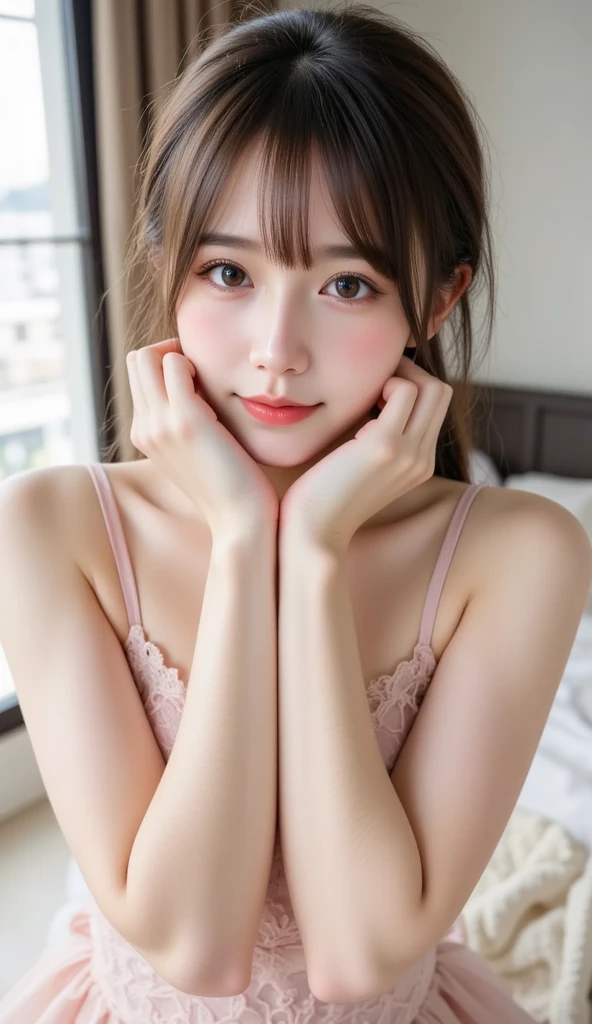 masutepiece, Best Quality, Illustration, Ultra-detailed, finely detail, hight resolution, 8K Wallpaper, Composition that includes the perfect whole body, Beautiful detailed eyes, ((all-fours:1.2)),((Random radical underwear:1.5))、 Random and cute hairstyles, Protruding heavily from the swimsuit, Natural Color Lip,Beach, Random and cute poses,((A big smile that makes you squint)),((breastsout、under look eyes、Mole on the arm:0.9))、((short-cut))、((all-fours))、((Camera work from behind))、((Raking up hair:1)),((reflect in the mirror、Leaning in the mirror),((stick out buttocks))、((turned around))、rather large breasts、((on the bed:1.2))