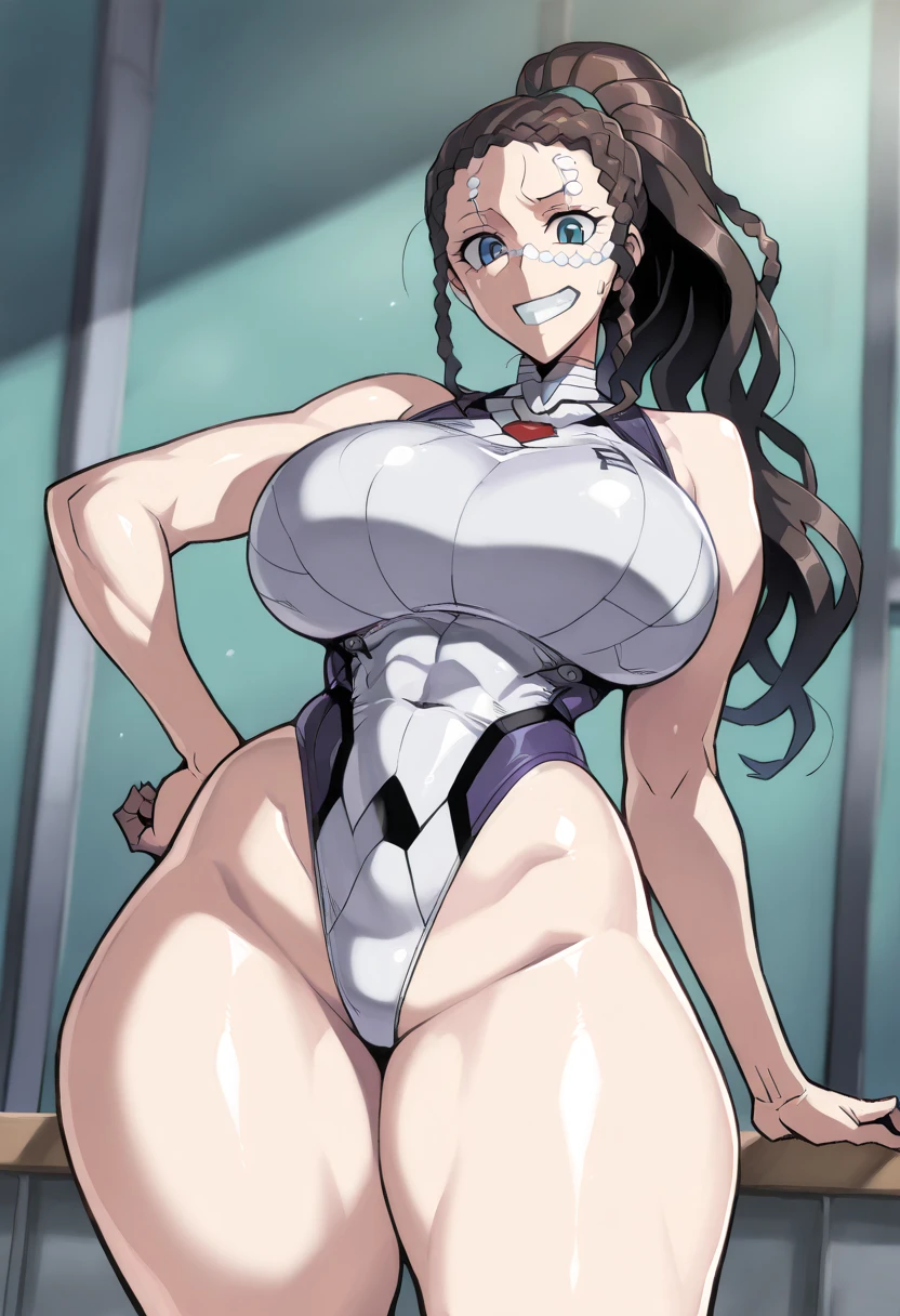 1girl, breasts, solo, long_hair, gloves, ponytail, black_hair, white_background, looking_at_viewer, simple_background, thighs, covered_nipples, thick_thighs, bare_shoulders, huge_breasts, leotard, covered_navel, brown_eyes, white_gloves, green_leotard, large_breasts, mole_under_eye, curvy