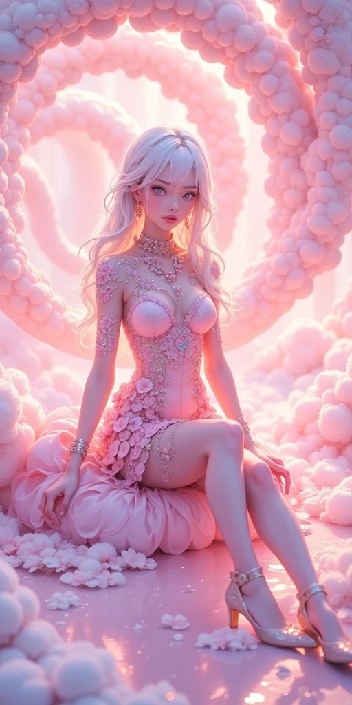 (Pieces fly),(highest quality:1.1),(Very detailed),Best illustrations,The finer details,(Portraits:1.1),(Watercolor)fluffy,1 female,alone,13 years old,slim,(Very delicate and beautiful face),(Beautiful eyes in every detail),Pink thick lips,(Messy Hair),Soft and lazy,(Simple Background:1.2)Overall background color,Transparent parts,In 4K,Full Shot,Thin legs,Pink High Heels,See-through gown,The happi coat is open