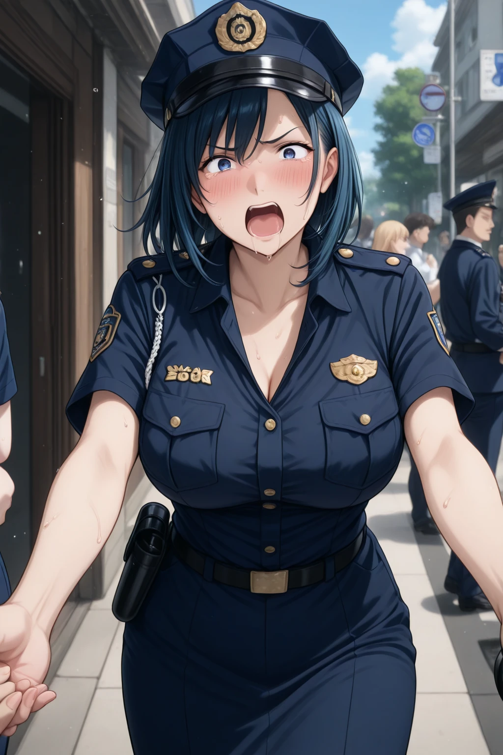 (masterpiece, highest quality:1.2),1woman,18 year old beauty、solo,ponytail hair,dark purple hair,blush,very small head,slender and long body,skinny,medium breasts,naked,sweat,oily skin,shiny skin,sweat,Police uniform collared shirt、light blue shirt,Short sleeve、Black tight mini skirt、On Patrol、walk、on street,bustling street、Tokyo、