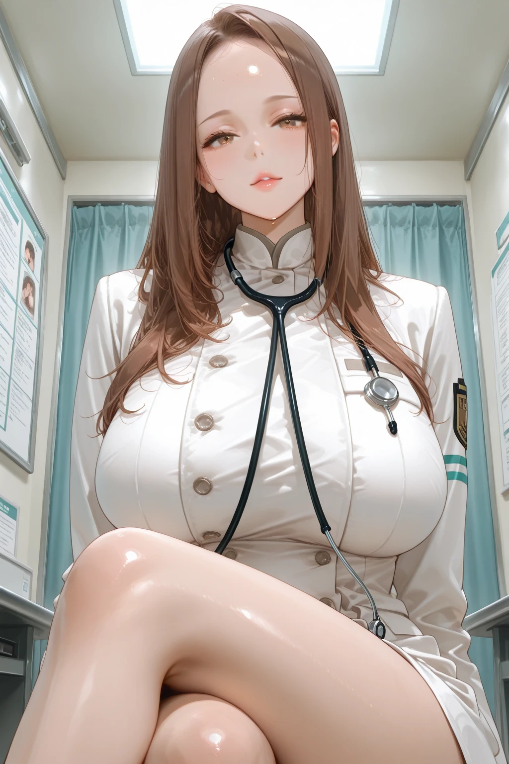 hospital, latex nurse suit,nurses,busty,elbow gloves,labcoat,darkhair woman, blue eyes , gigantic boobs ,medical instruments,asian nurse,two nurses,speculum,examination room,oversize boobs, ,big ass ,strap on, lay on table ,legs spreaded,giving birth,gyno chair , dentist