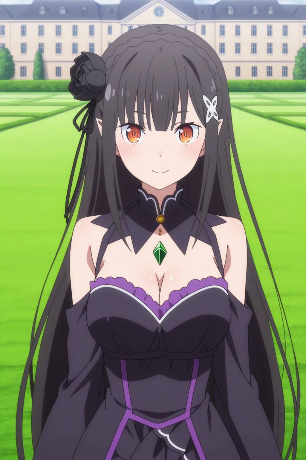 (masterpiece), 1girl, solo, standing in a forest, arrogant face, looking at viewer, front, big breasts, front, cleavage, Mirai, short girl, one eyepatch, both hands on waist, evil smile, breast focus, smirk, height 145cm