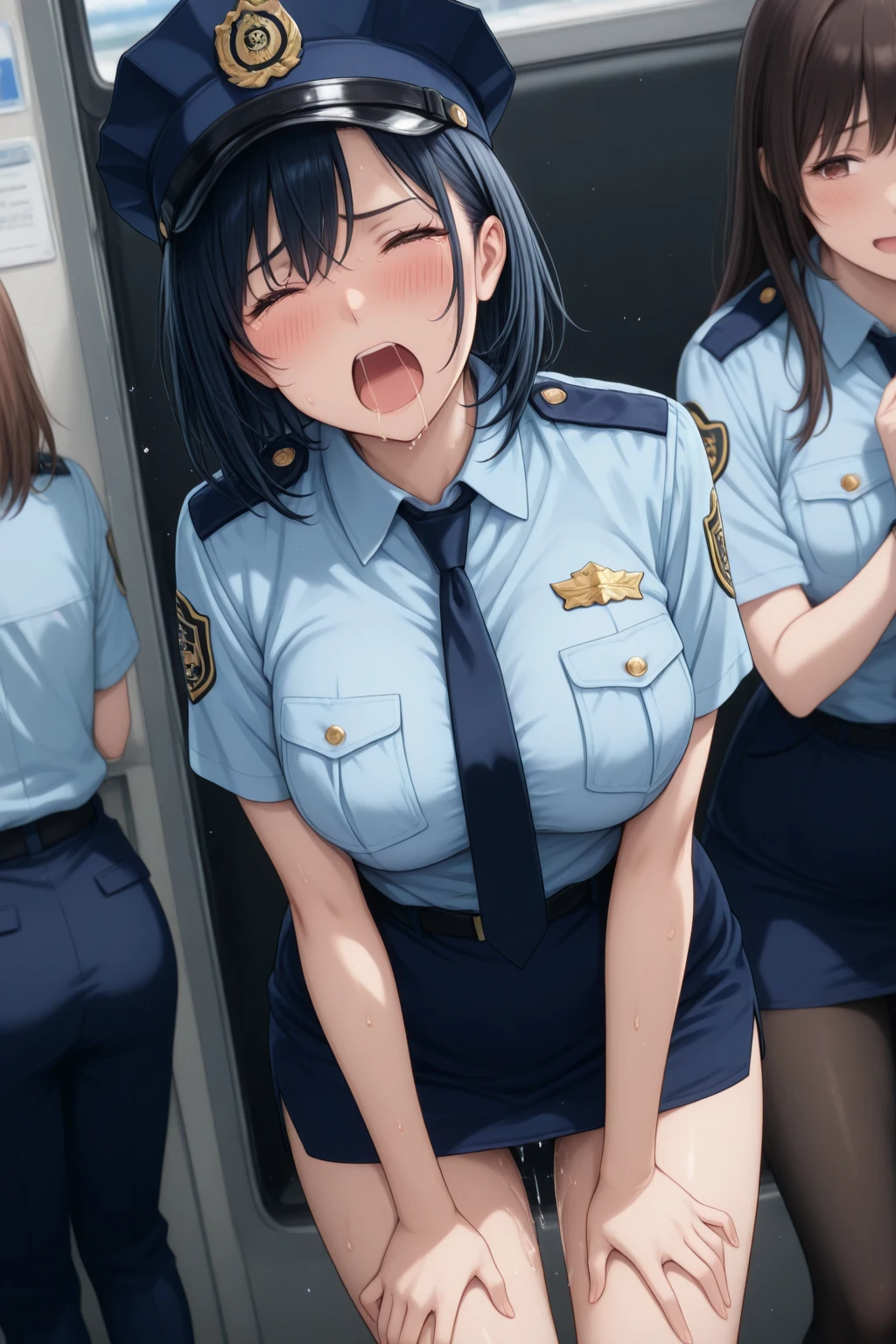 realistic, 1gril, per HD, 12k, slim body, rather big body, six pack body, big round breasts, uniform police girl clothes, beautiful breasts, looking at the camera, crawling on the dildo, long black hair, facial details, detailed person, body details, hair details, breast details, vagina details, eye details, sweat details, water details, pose (Masturbating with 3 girls) whole body, klimaks masturbating, perfect masturbating, stay in police office, lesbian, licking dildo, klimaks face masturbating