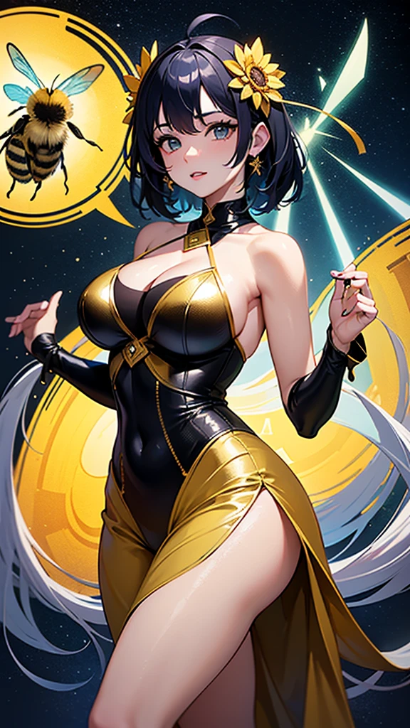 ai-generative, pixiv, evil smile, sadistic, erotic lips, seductive eyes, drooping eyes, provocative expression, smirks, squint, enraptured, fascinated, scornful laughter, aroused, lovely, naughty face, half closed eyes, fearless smile, crazy smile,toned female, glamorous perfect female proportion, wide hips, extremely shiny, reflecting light, awesome metallic surface texture, cute, akiba, anime face, moe, yellow and black striped hair, wasp ornament, Yellow and black striped boots, wasp transparent wings, bee Transparent wings, wasp antennae, wasp printed, Honeycomb printed, poison needle, yellow and black striped fur, wasp eye helmet, spike choker, earrings,, best quality, amazing quality, very aesthetic, absurdres