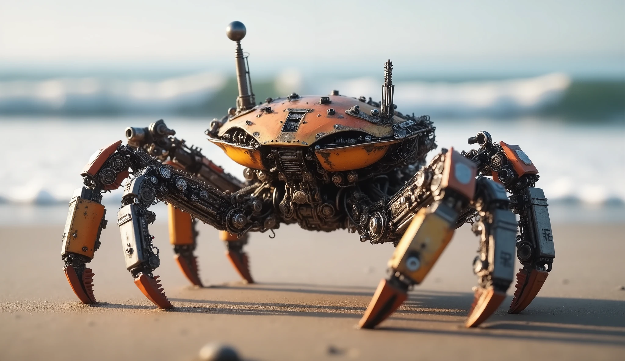 The image depicts a highly detailed, a steampunk robotic crab on a sandy beach with waves crashing in the background. The crab is made of an intricate set of metal parts, fun, and, with weathered, industrial look. Its body has a yellow-orange shell, , and its legs and claws are decorated with black and silver components, including large, ball joints and small mechanical eyes on stalks. The action takes place under a soft, Natural light, , and the ocean and sky create a calm, but a contrasting background for the mechanical creature.