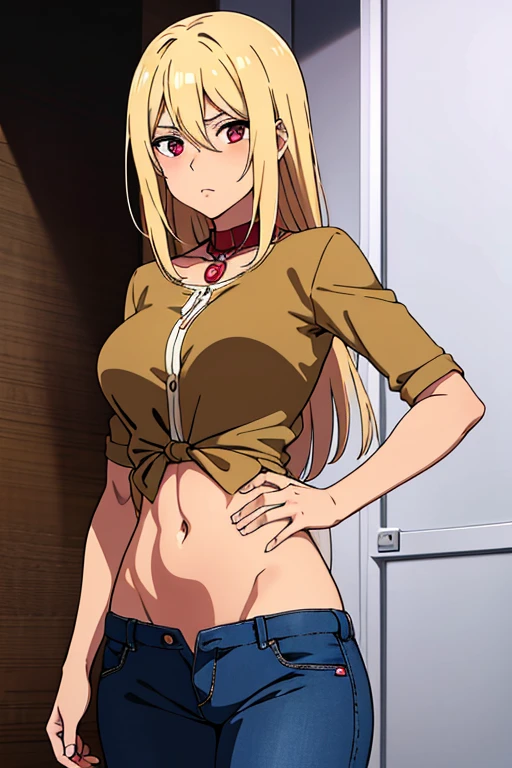 1 girl, alone, yuki tsukumo, ((best quality)), ((highly detailed)), masterpiece, detailed, large breasts, medium waist, wide hips, medium thighs, round butt, mature woman, blonde, long hair, female focus, sexy body, seductive smile, standing, room, bedroom, alone, black top, cleavage, tight top, blue shorts, short shorts, bare legs, looking at viewer, from behind, point of view (from below), cowboy shot, smile, hand on hip, perfect hands, perfect anatomy